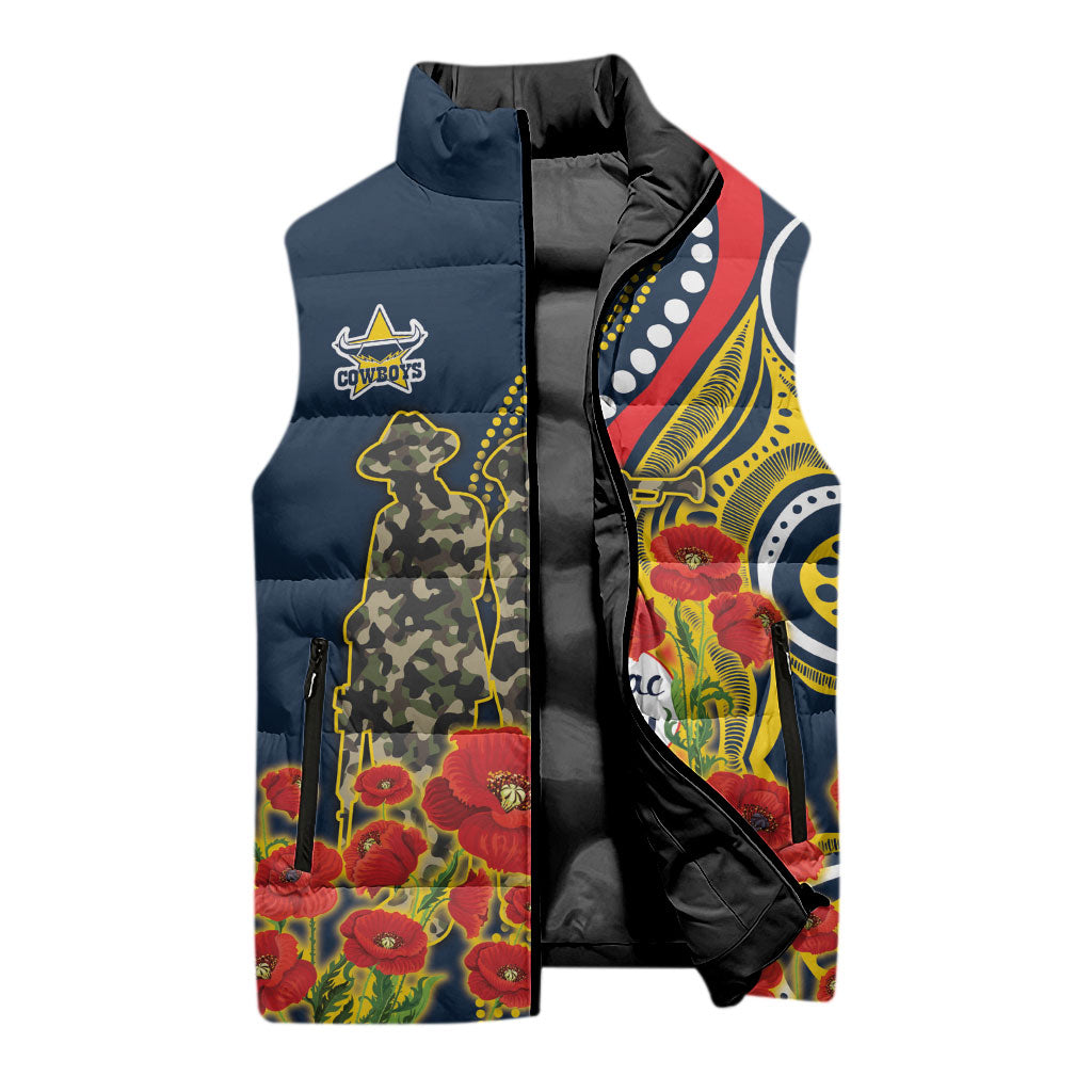North Queensland Cowboys ANZAC Sleeveless Puffer Jacket Indigenous Wave Poppy Remembrance Cowboy