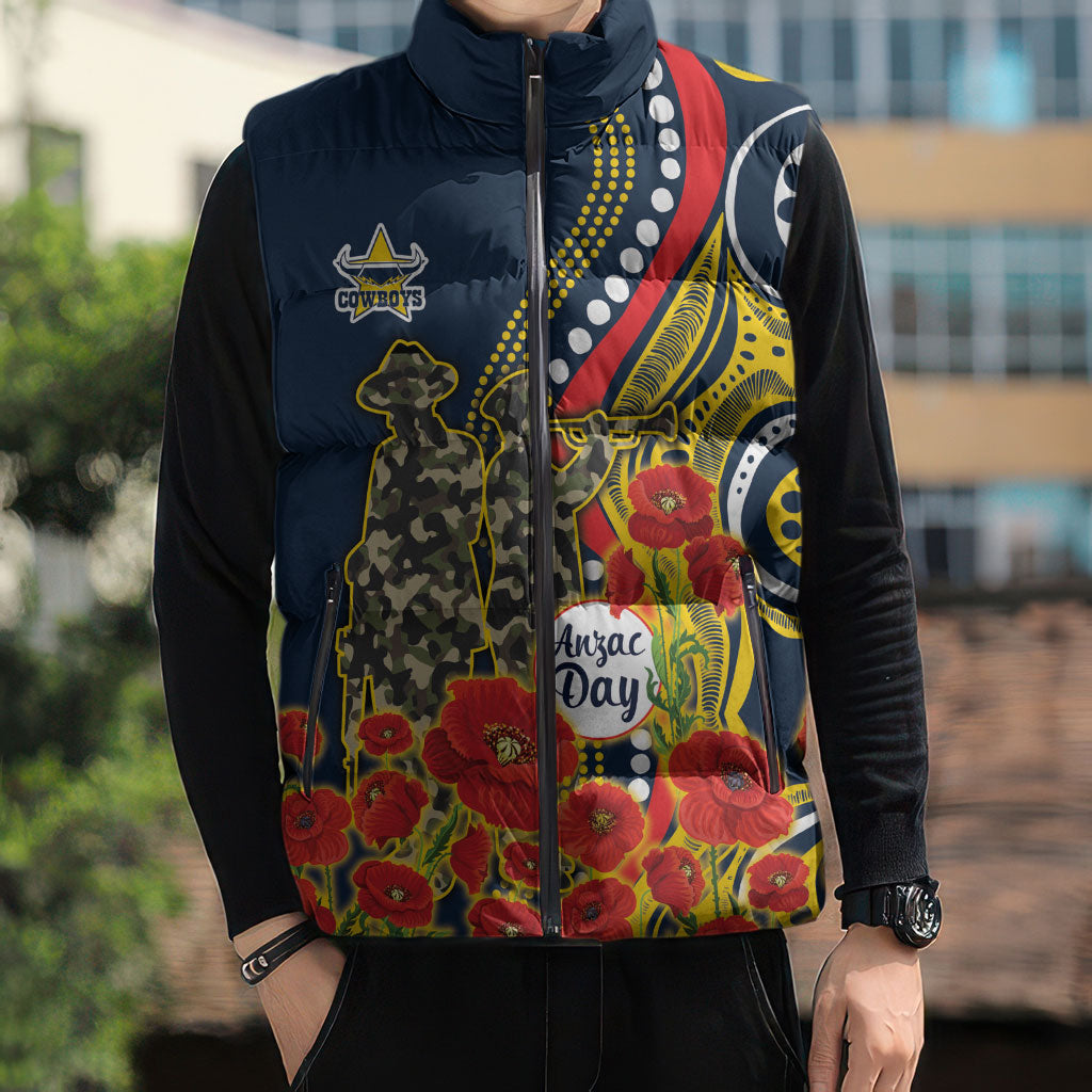 North Queensland Cowboys ANZAC Sleeveless Puffer Jacket Indigenous Wave Poppy Remembrance Cowboy