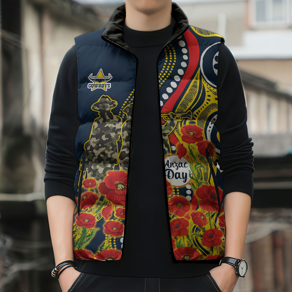 North Queensland Cowboys ANZAC Sleeveless Puffer Jacket Indigenous Wave Poppy Remembrance Cowboy