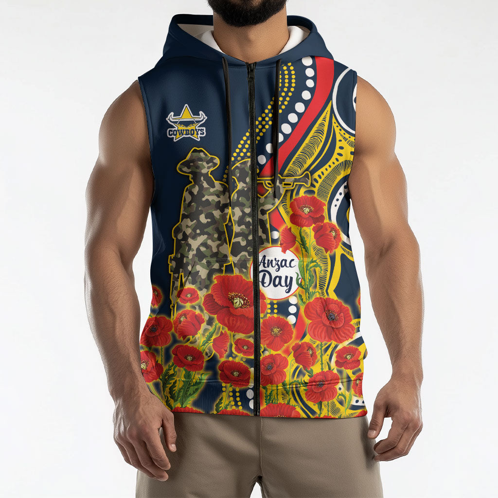 North Queensland Cowboys ANZAC Sleeveless Zip Hoodie Indigenous Wave Poppy Remembrance Cowboy