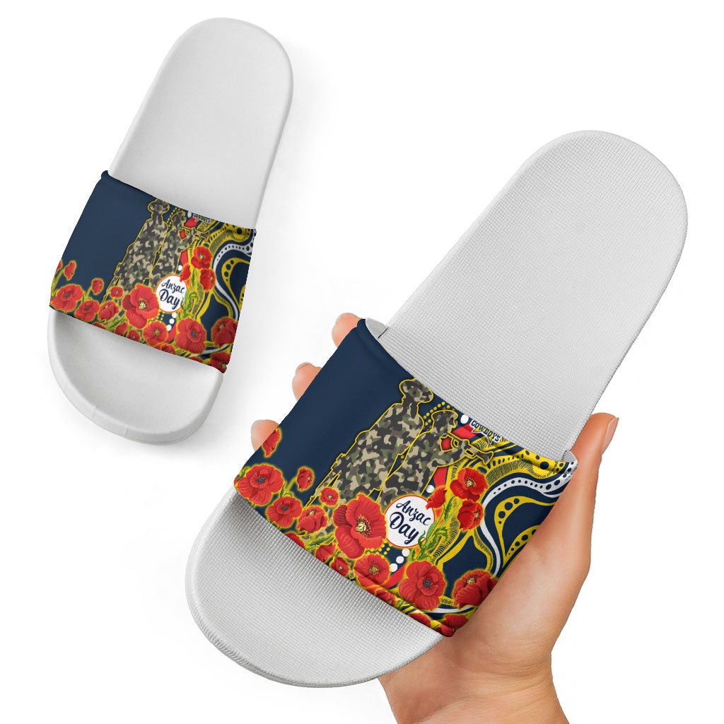 North Queensland Cowboys ANZAC Slide Sandals Indigenous Wave Poppy Remembrance Cowboy