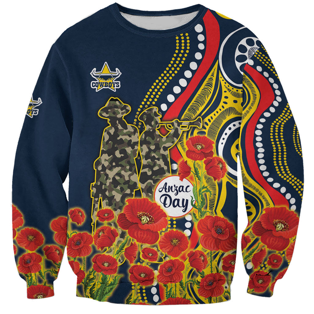North Queensland Cowboys ANZAC Sweatshirt Indigenous Wave Poppy Remembrance Cowboy