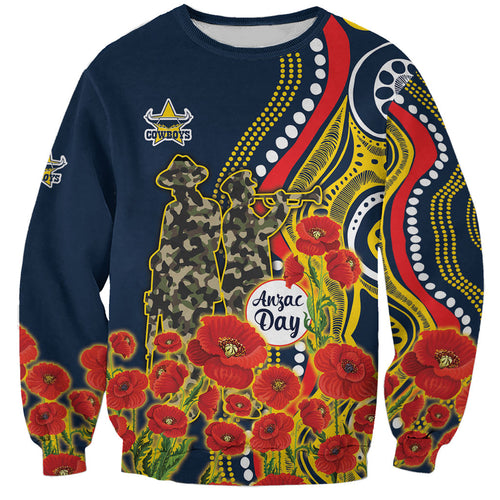 North Queensland Cowboys ANZAC Sweatshirt Indigenous Wave Poppy Remembrance Cowboy