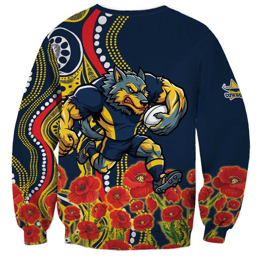 North Queensland Cowboys ANZAC Sweatshirt Indigenous Wave Poppy Remembrance Cowboy