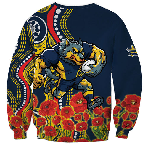 North Queensland Cowboys ANZAC Sweatshirt Indigenous Wave Poppy Remembrance Cowboy