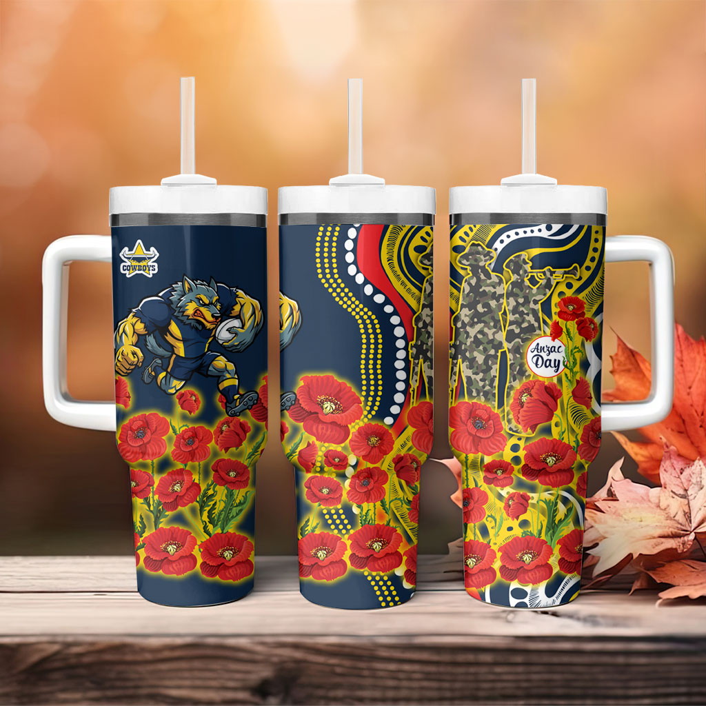 North Queensland Cowboys ANZAC Tumbler With Handle Indigenous Wave Poppy Remembrance Cowboy