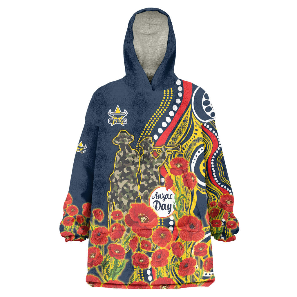North Queensland Cowboys ANZAC Wearable Blanket Hoodie Indigenous Wave Poppy Remembrance Cowboy