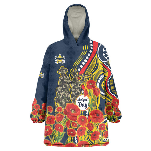 North Queensland Cowboys ANZAC Wearable Blanket Hoodie Indigenous Wave Poppy Remembrance Cowboy