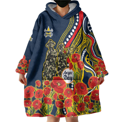 North Queensland Cowboys ANZAC Wearable Blanket Hoodie Indigenous Wave Poppy Remembrance Cowboy