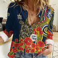 North Queensland Cowboys ANZAC Women Casual Shirt Indigenous Wave Poppy Remembrance Cowboy