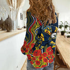 North Queensland Cowboys ANZAC Women Casual Shirt Indigenous Wave Poppy Remembrance Cowboy