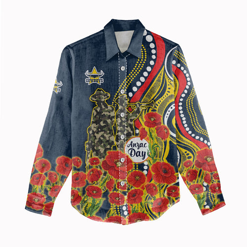 North Queensland Cowboys ANZAC Women Casual Shirt Indigenous Wave Poppy Remembrance Cowboy