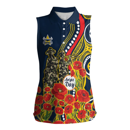 North Queensland Cowboys ANZAC Women Sleeveless Polo Shirt Indigenous Wave Poppy Remembrance Cowboy