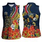 North Queensland Cowboys ANZAC Women Sleeveless Polo Shirt Indigenous Wave Poppy Remembrance Cowboy