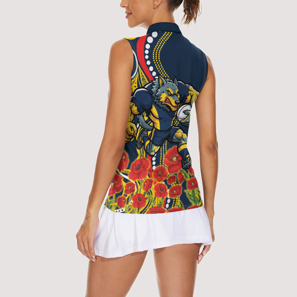 North Queensland Cowboys ANZAC Women Sleeveless Polo Shirt Indigenous Wave Poppy Remembrance Cowboy