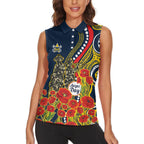 North Queensland Cowboys ANZAC Women Sleeveless Polo Shirt Indigenous Wave Poppy Remembrance Cowboy