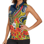 North Queensland Cowboys ANZAC Women Sleeveless Polo Shirt Indigenous Wave Poppy Remembrance Cowboy