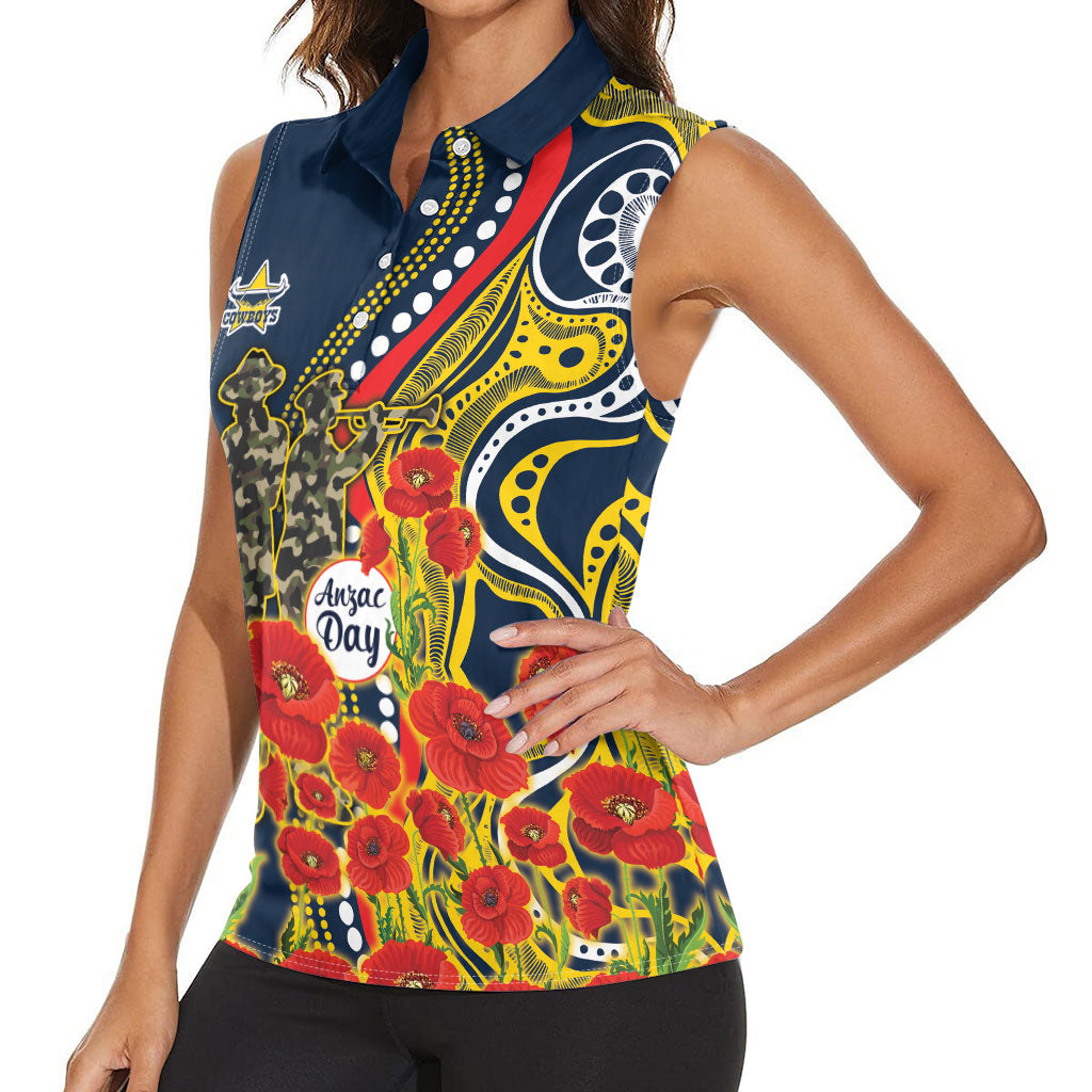 North Queensland Cowboys ANZAC Women Sleeveless Polo Shirt Indigenous Wave Poppy Remembrance Cowboy