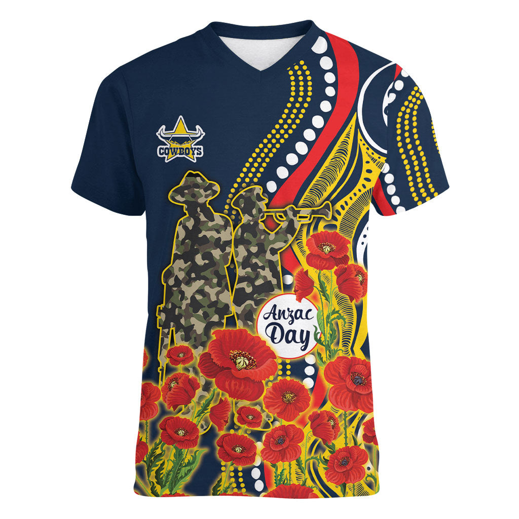 North Queensland Cowboys ANZAC Women V-Neck T-Shirt Indigenous Wave Poppy Remembrance Cowboy