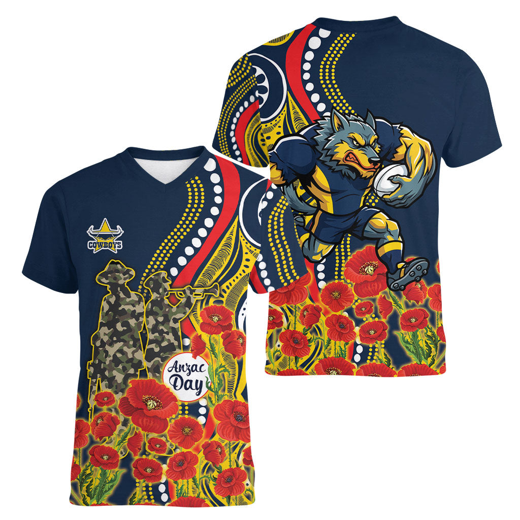 North Queensland Cowboys ANZAC Women V-Neck T-Shirt Indigenous Wave Poppy Remembrance Cowboy