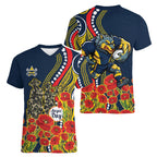 North Queensland Cowboys ANZAC Women V-Neck T-Shirt Indigenous Wave Poppy Remembrance Cowboy