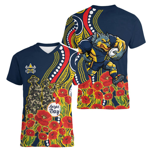 North Queensland Cowboys ANZAC Women V-Neck T-Shirt Indigenous Wave Poppy Remembrance Cowboy