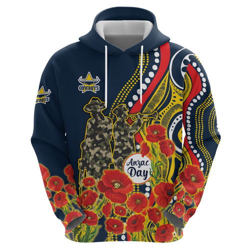 North Queensland Cowboys ANZAC Zip Hoodie Indigenous Wave Poppy Remembrance Cowboy