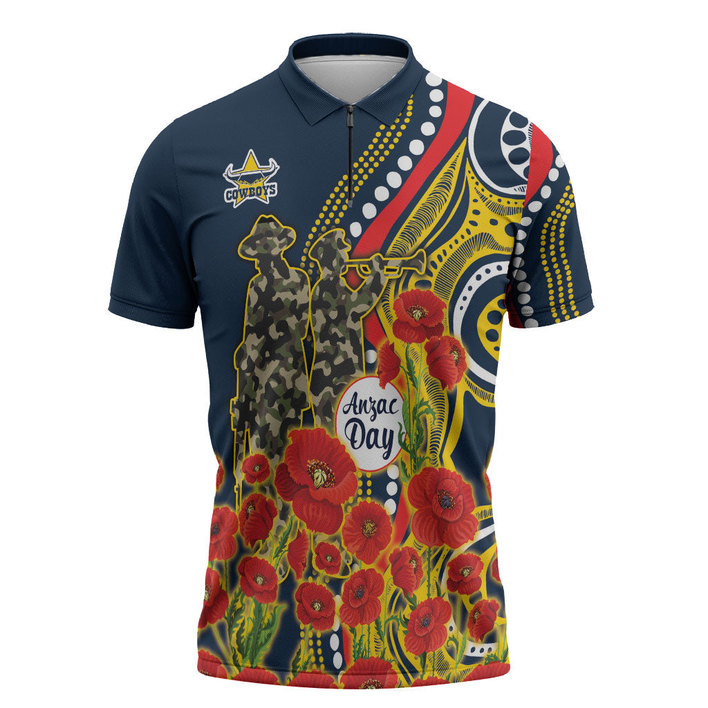 North Queensland Cowboys ANZAC Zipper Polo Shirt Indigenous Wave Poppy Remembrance Cowboy