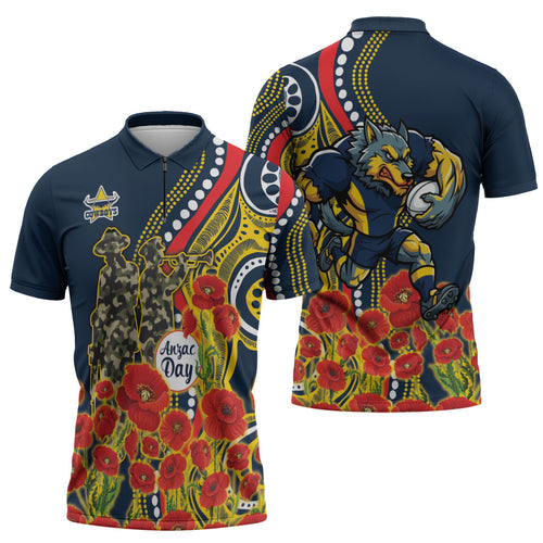 North Queensland Cowboys ANZAC Zipper Polo Shirt Indigenous Wave Poppy Remembrance Cowboy