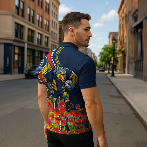 North Queensland Cowboys ANZAC Zipper Polo Shirt Indigenous Wave Poppy Remembrance Cowboy