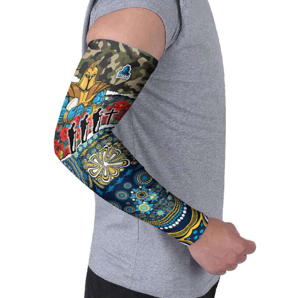 Personalized Gold Coast Titans ANZAC Arm Sleeves Indigenous Camouflage Poppy Memorial Soldier Spartan