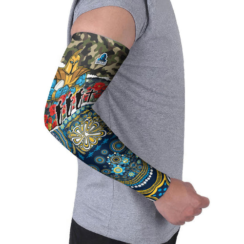 Personalized Gold Coast Titans ANZAC Arm Sleeves Indigenous Camouflage Poppy Memorial Soldier Spartan