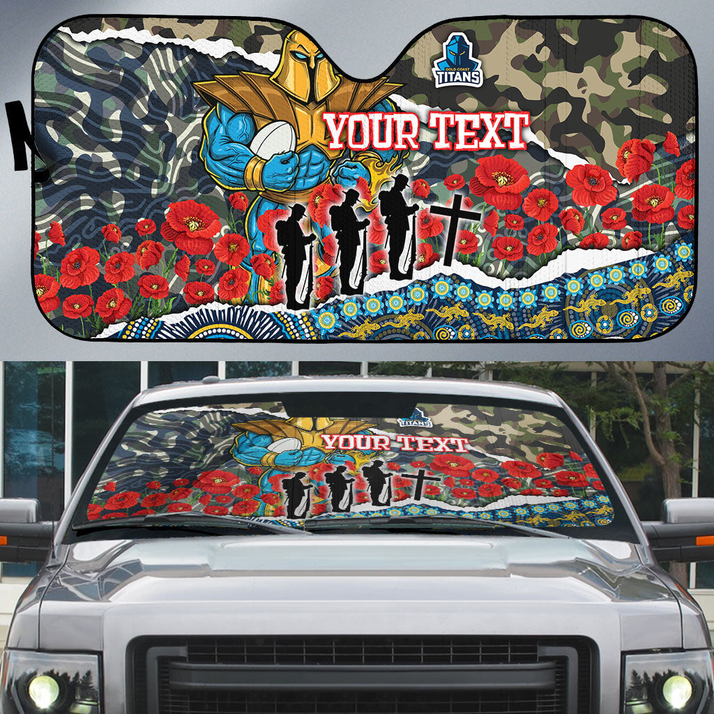 Personalized Gold Coast Titans ANZAC Auto Sun Shade Indigenous Camouflage Poppy Memorial Soldier Spartan