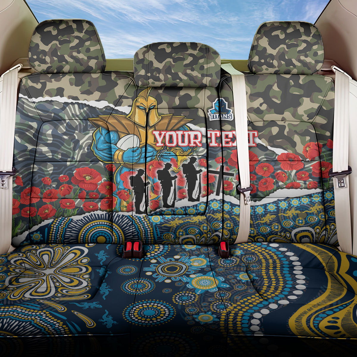 Personalized Gold Coast Titans ANZAC Back Car Seat Cover Indigenous Camouflage Poppy Memorial Soldier Spartan