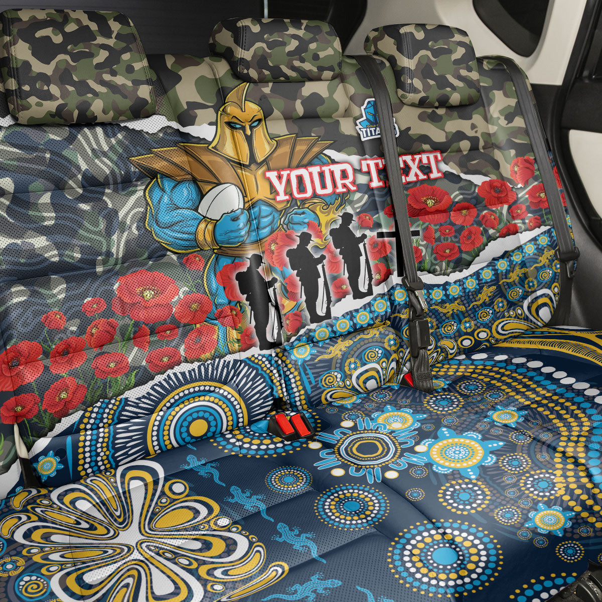 Personalized Gold Coast Titans ANZAC Back Car Seat Cover Indigenous Camouflage Poppy Memorial Soldier Spartan