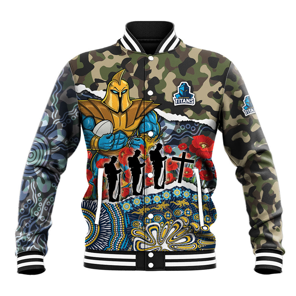 Personalized Gold Coast Titans ANZAC Baseball Jacket Indigenous Camouflage Poppy Memorial Soldier Spartan