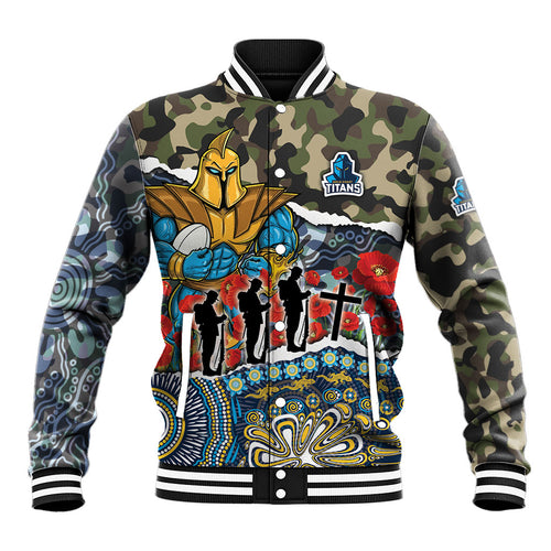 Personalized Gold Coast Titans ANZAC Baseball Jacket Indigenous Camouflage Poppy Memorial Soldier Spartan