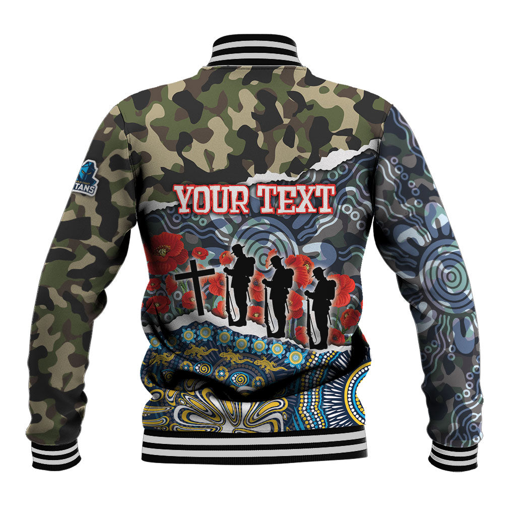 Personalized Gold Coast Titans ANZAC Baseball Jacket Indigenous Camouflage Poppy Memorial Soldier Spartan