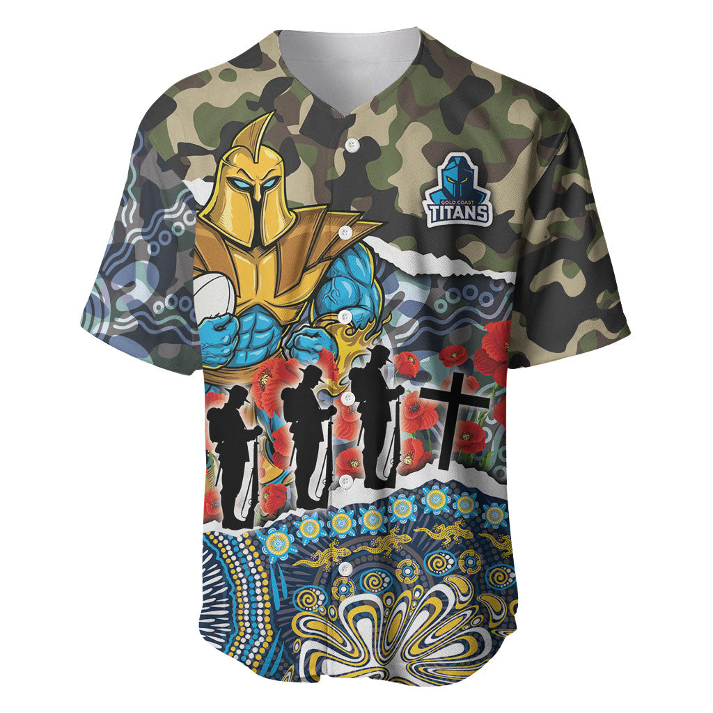 Personalized Gold Coast Titans ANZAC Baseball Jersey Indigenous Camouflage Poppy Memorial Soldier Spartan