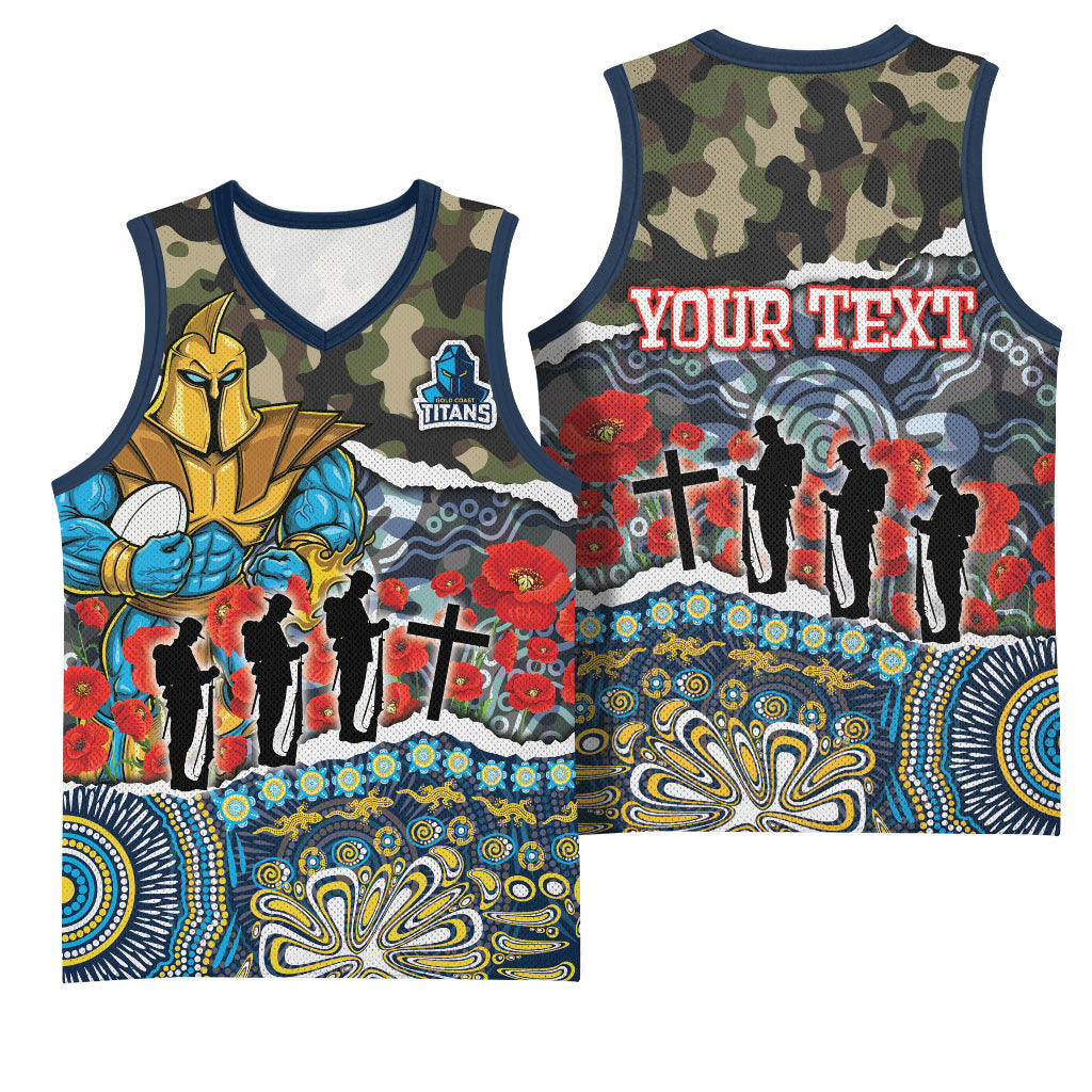 Personalized Gold Coast Titans ANZAC Basketball Jersey Indigenous Camouflage Poppy Memorial Soldier Spartan
