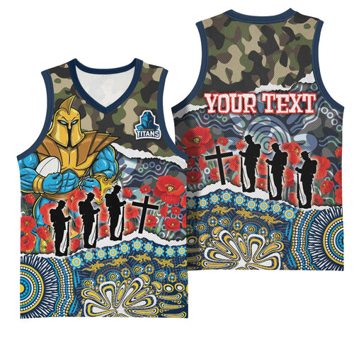 Personalized Gold Coast Titans ANZAC Basketball Jersey Indigenous Camouflage Poppy Memorial Soldier Spartan