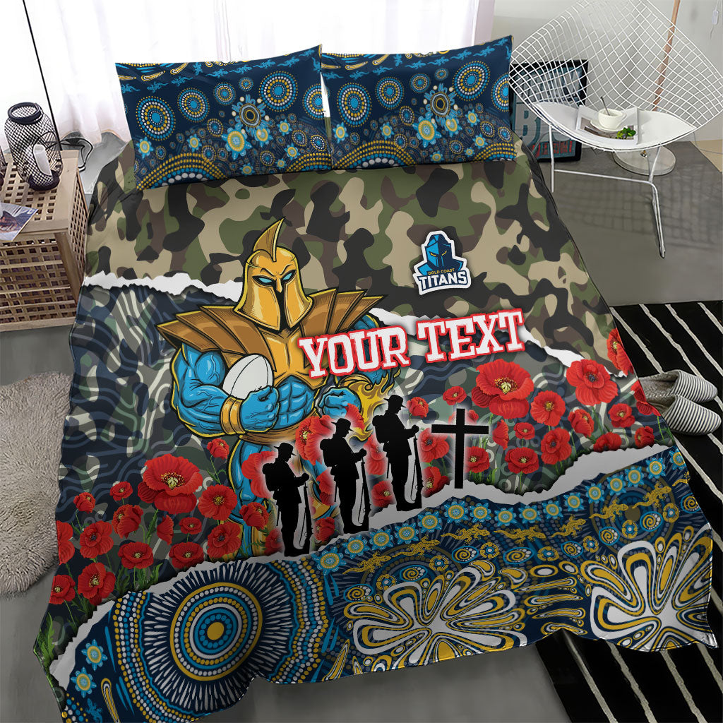 Personalized Gold Coast Titans ANZAC Bedding Set Indigenous Camouflage Poppy Memorial Soldier Spartan