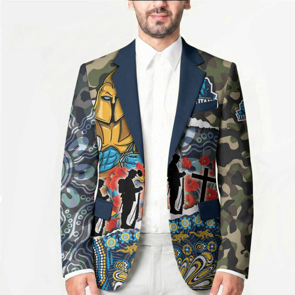 Personalized Gold Coast Titans ANZAC Blazer Indigenous Camouflage Poppy Memorial Soldier Spartan