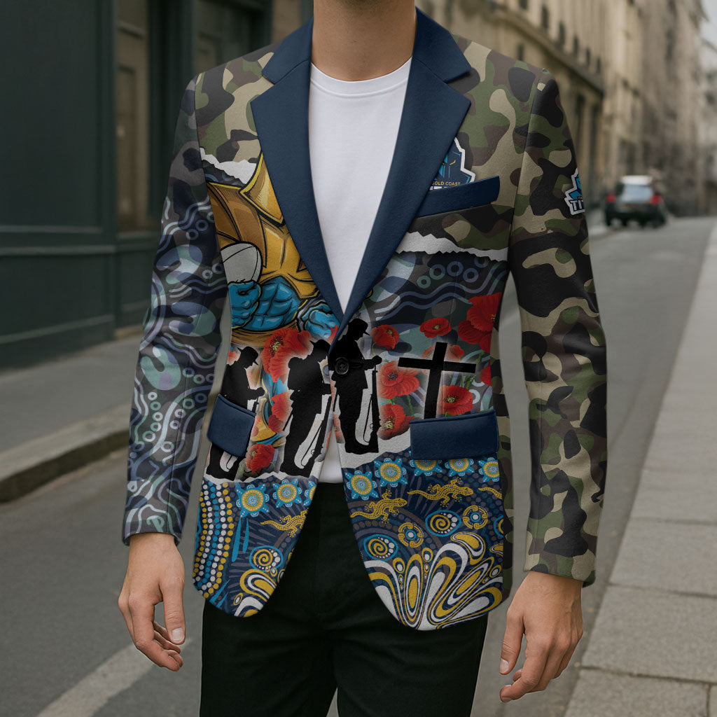Personalized Gold Coast Titans ANZAC Blazer Indigenous Camouflage Poppy Memorial Soldier Spartan