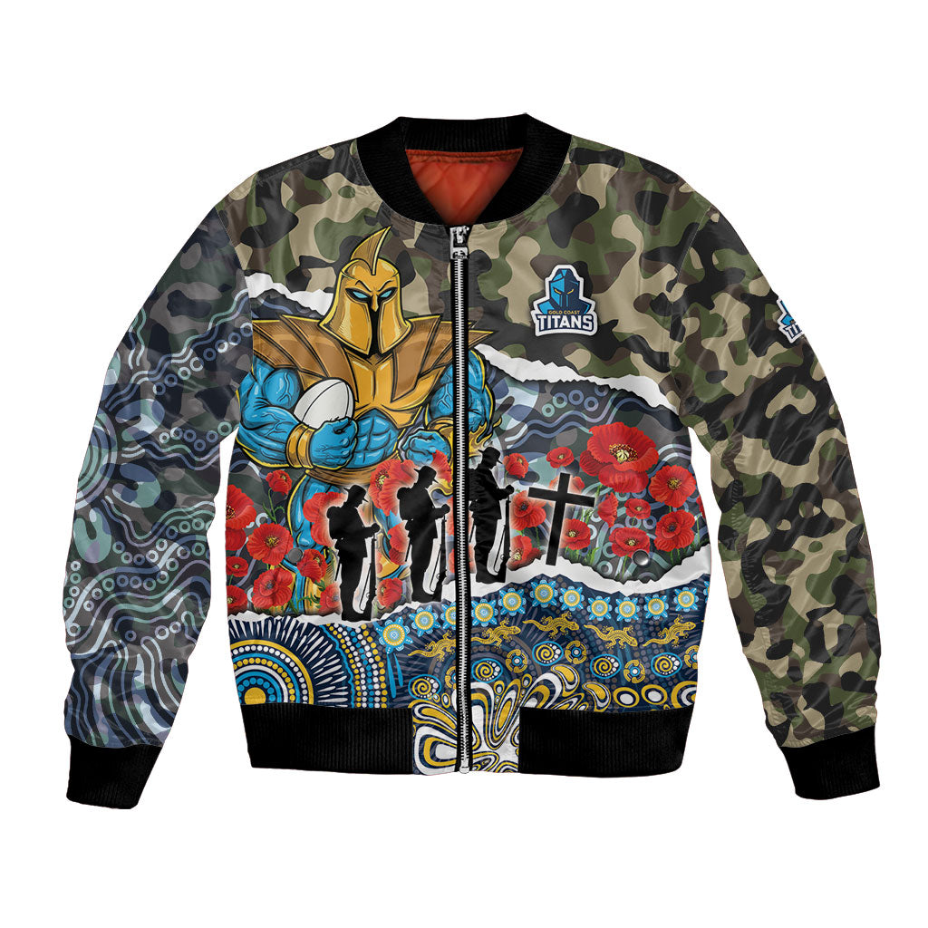 Personalized Gold Coast Titans ANZAC Bomber Jacket Indigenous Camouflage Poppy Memorial Soldier Spartan