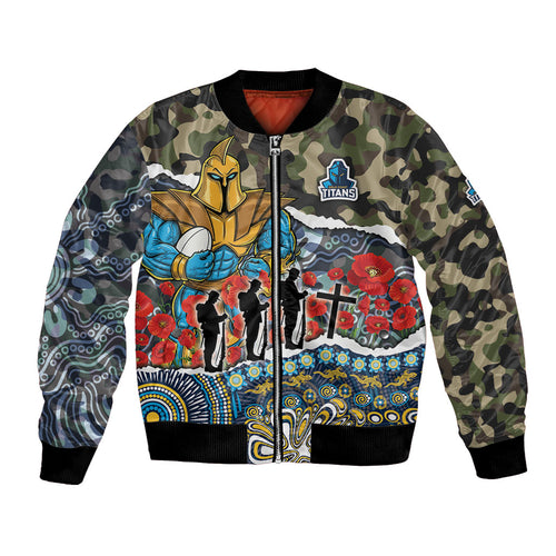 Personalized Gold Coast Titans ANZAC Bomber Jacket Indigenous Camouflage Poppy Memorial Soldier Spartan