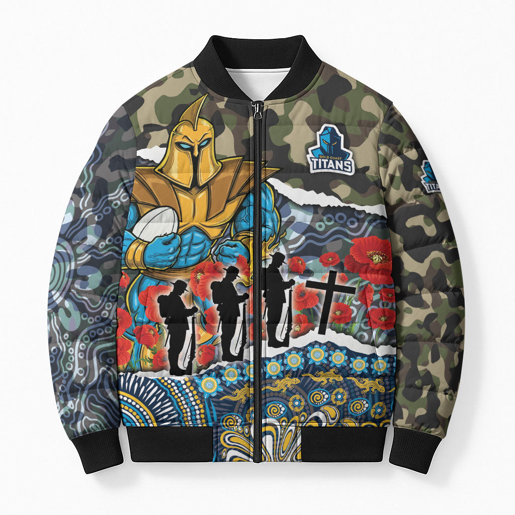 Personalized Gold Coast Titans ANZAC Bomber Puffer Jacket Indigenous Camouflage Poppy Memorial Soldier Spartan