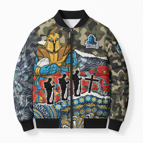 Personalized Gold Coast Titans ANZAC Bomber Puffer Jacket Indigenous Camouflage Poppy Memorial Soldier Spartan