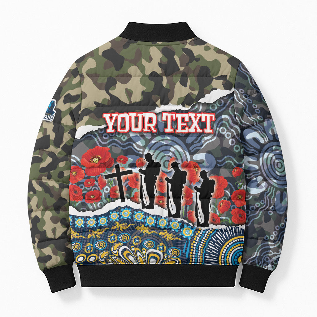 Personalized Gold Coast Titans ANZAC Bomber Puffer Jacket Indigenous Camouflage Poppy Memorial Soldier Spartan