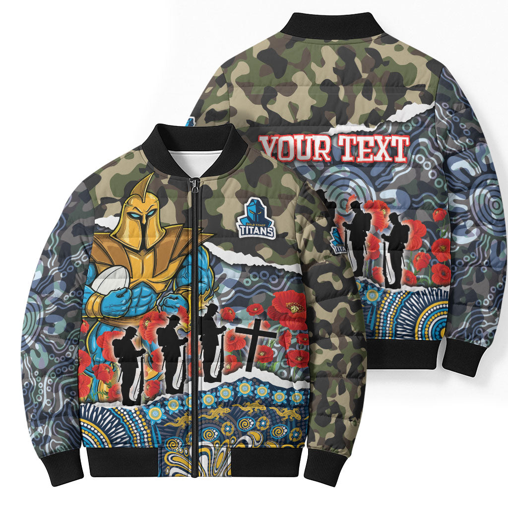 Personalized Gold Coast Titans ANZAC Bomber Puffer Jacket Indigenous Camouflage Poppy Memorial Soldier Spartan